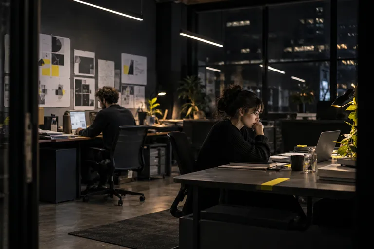 A quiet evening office with two analysts working at separate desks