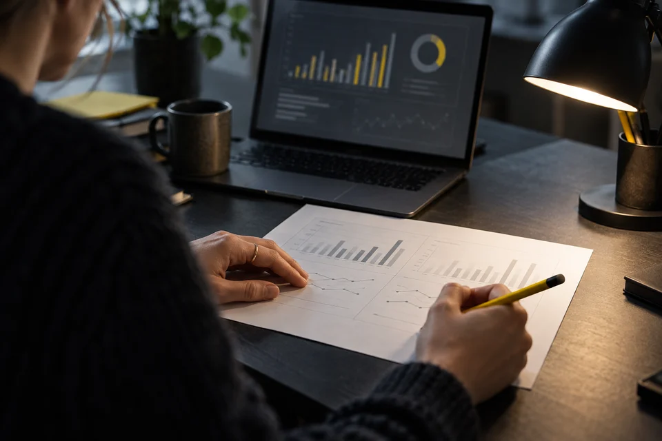 An analyst compares a paper chart with a laptop report