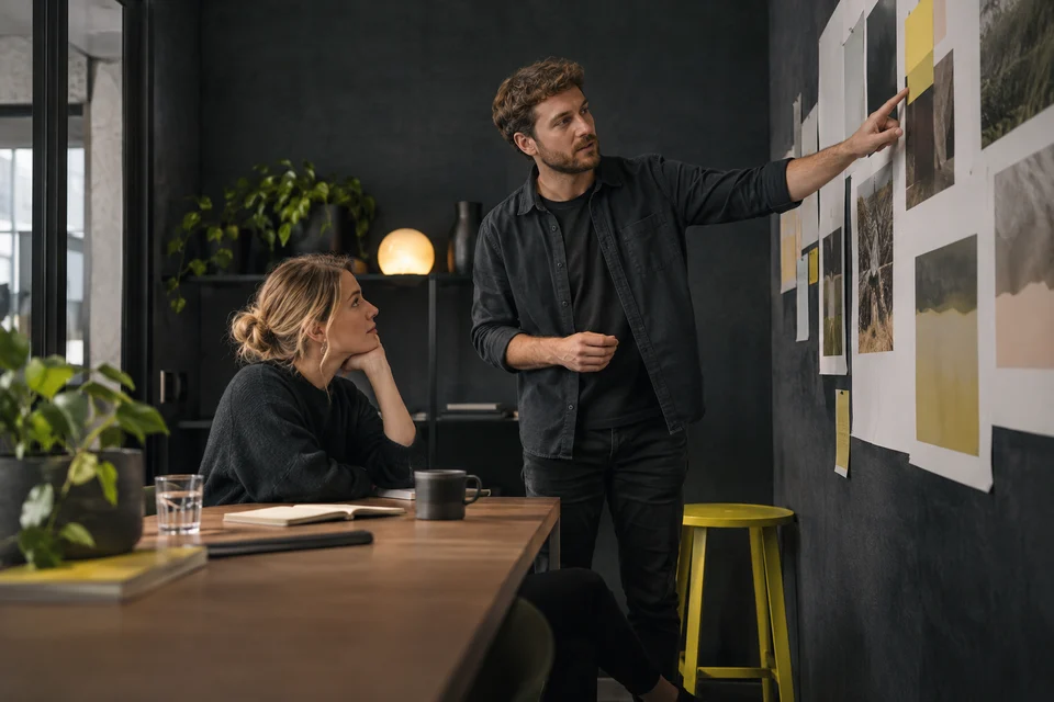 Two colleagues discuss observations pinned to an office wall