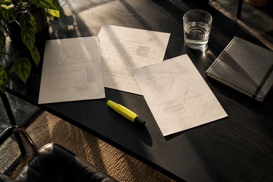 Three paper working sheets, a highlighter and a notebook on a dark desk