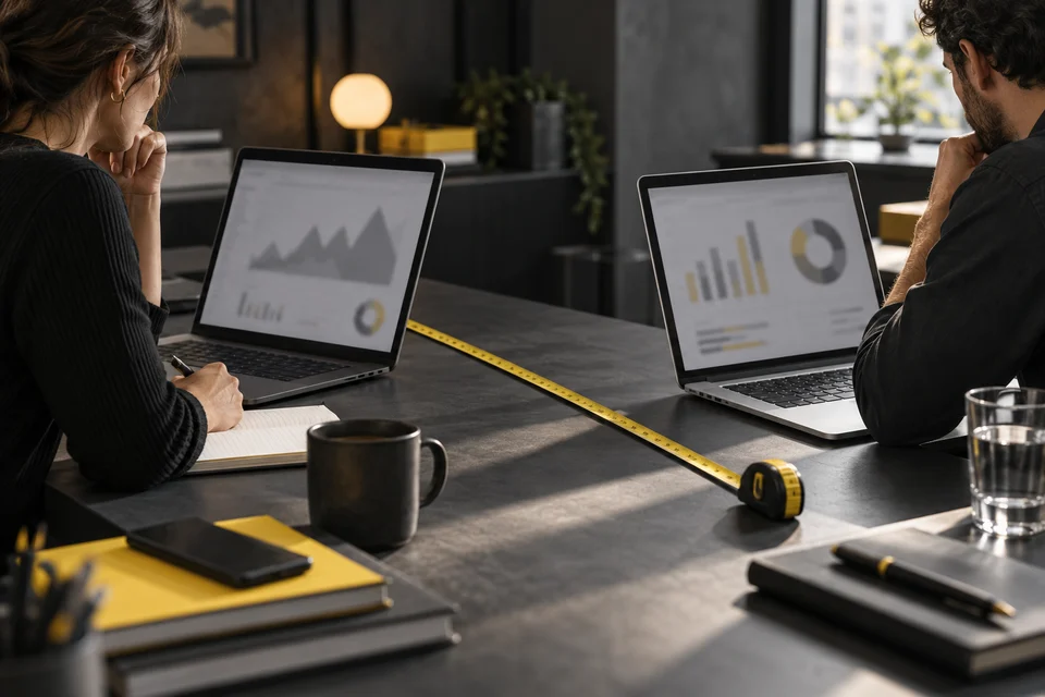 Two different reports on laptops facing across a shared desk