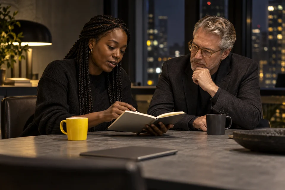 Colleagues discuss a notebook together beside a night window