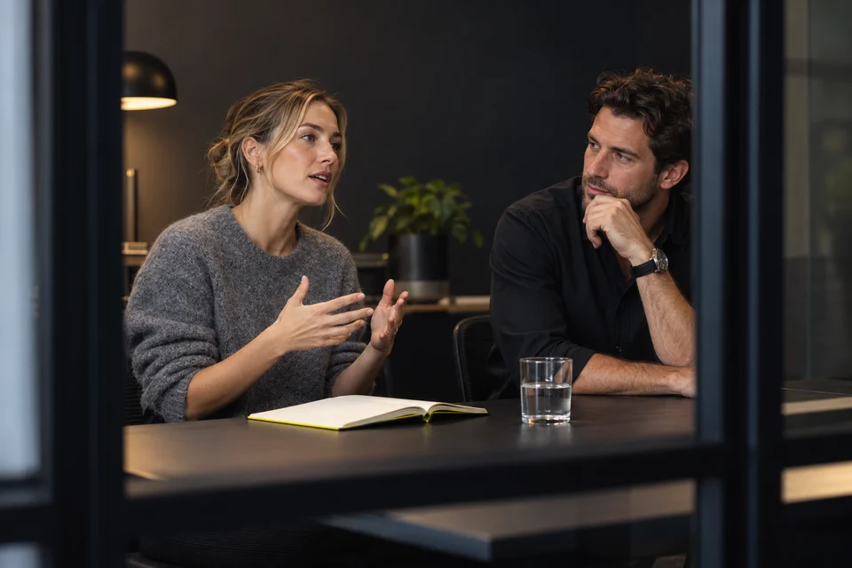 Two colleagues rehearse an explanation across a meeting table